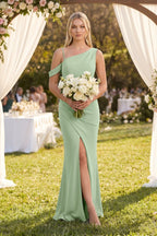 Robe demoiselle d’honneur vert sauge longue asymétrique avec fente froncée - Harana