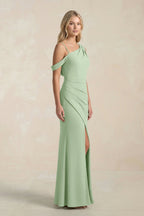 Robe demoiselle d’honneur vert sauge longue asymétrique avec fente froncée - Harana