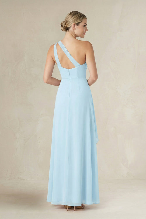 Robe de demoiselle d’honneur bleu ciel longue coupe fourreau à une épaule effet drapé - Harana