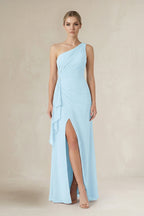 Robe demoiselle d’honneur bleu ciel longue asymétrique sans manches avec fente - Harana