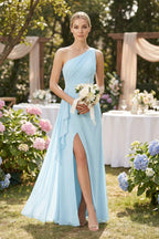 Robe demoiselle d’honneur bleu ciel longue asymétrique sans manches avec fente - Harana
