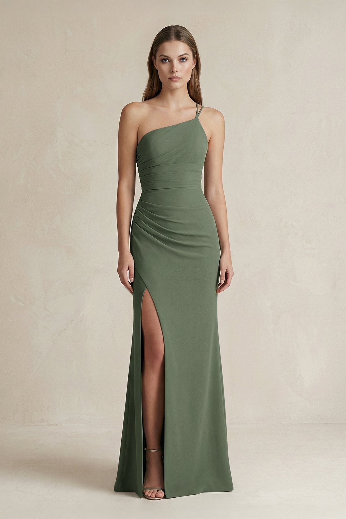 Robe demoiselle d’honneur vert sauge longue asymétrique sans manches avec fente - Harana