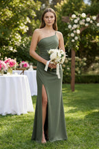 Robe demoiselle d’honneur vert sauge longue asymétrique sans manches avec fente - Harana