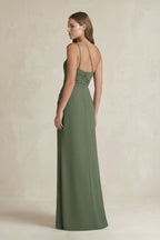Robe demoiselle d’honneur vert sauge longue asymétrique sans manches avec fente - Harana