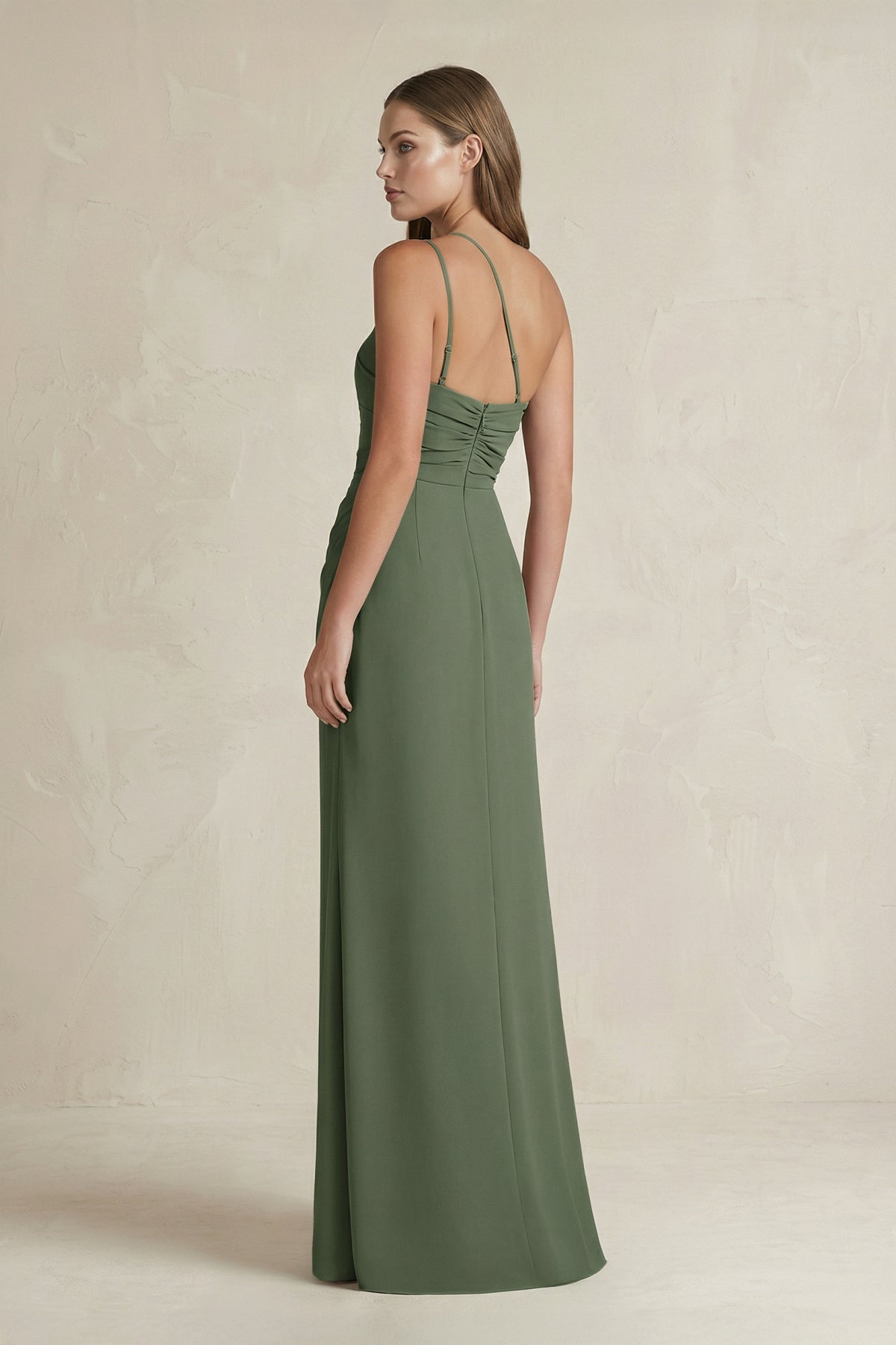Robe demoiselle d’honneur vert sauge longue asymétrique sans manches avec fente - Harana