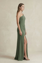 Robe demoiselle d’honneur vert sauge longue asymétrique sans manches avec fente - Harana