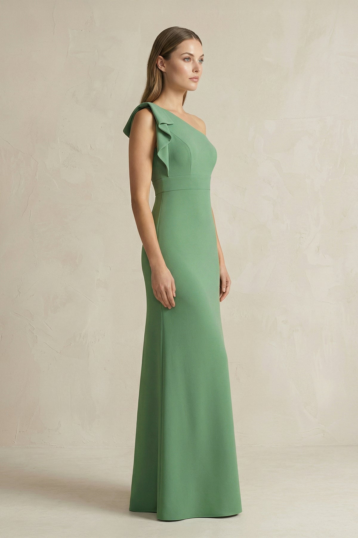 Robe demoiselle d’honneur matcha longue asymétrique sans manches à volants - Harana