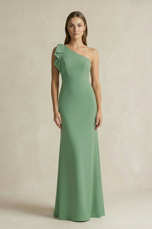Robe de demoiselle d’honneur vert matcha longue satinée coupe fourreau à une épaule - Harana
