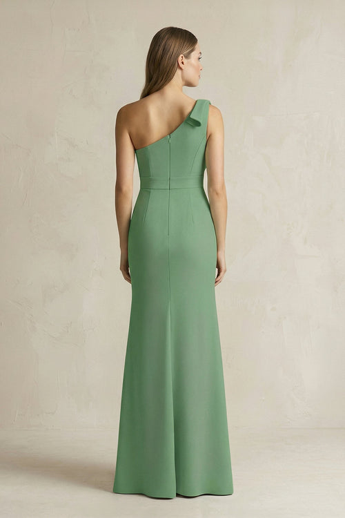 Robe de demoiselle d’honneur vert matcha longue satinée coupe fourreau à une épaule - Harana