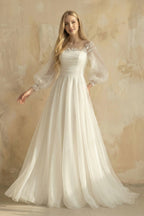 Robe de mariée ivoire trapèze en organza à épaules dénudées manches longues - Harana