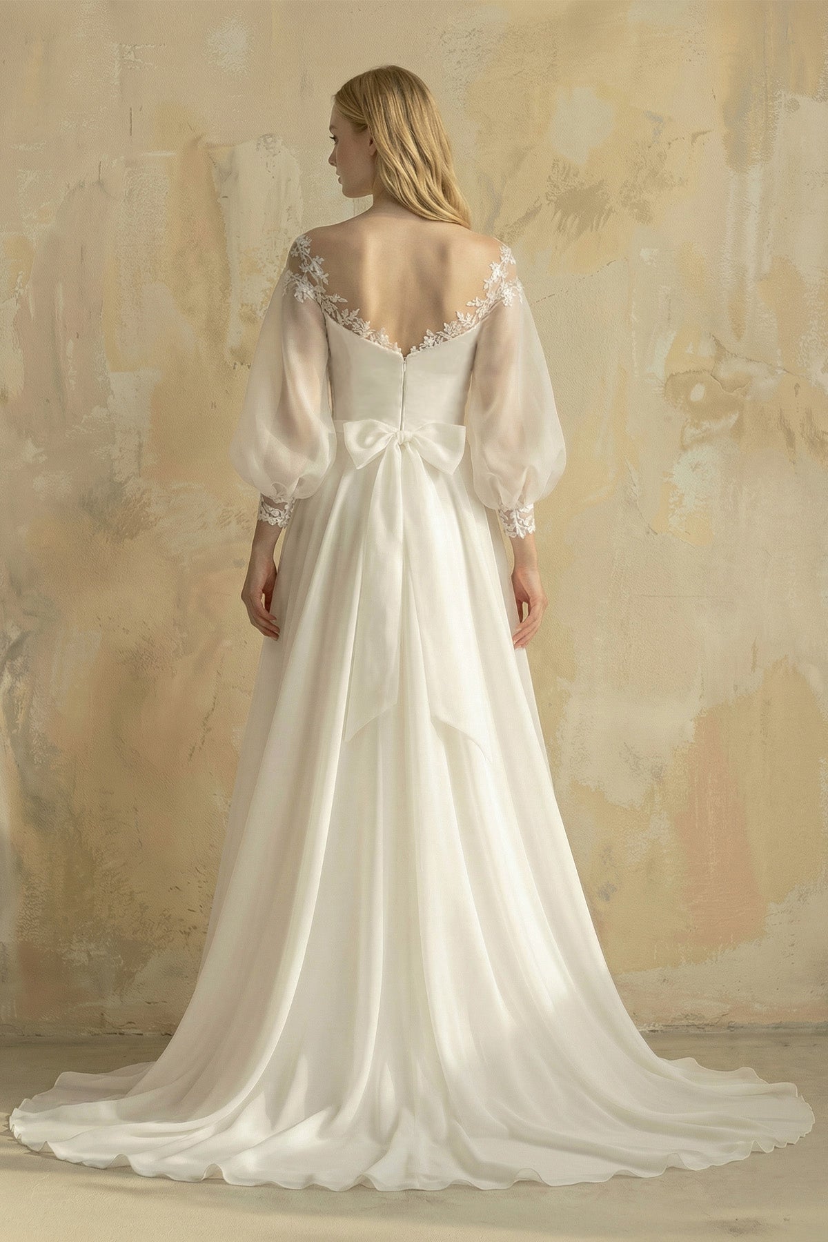 Robe de mariée ivoire trapèze en organza à épaules dénudées manches longues - Harana