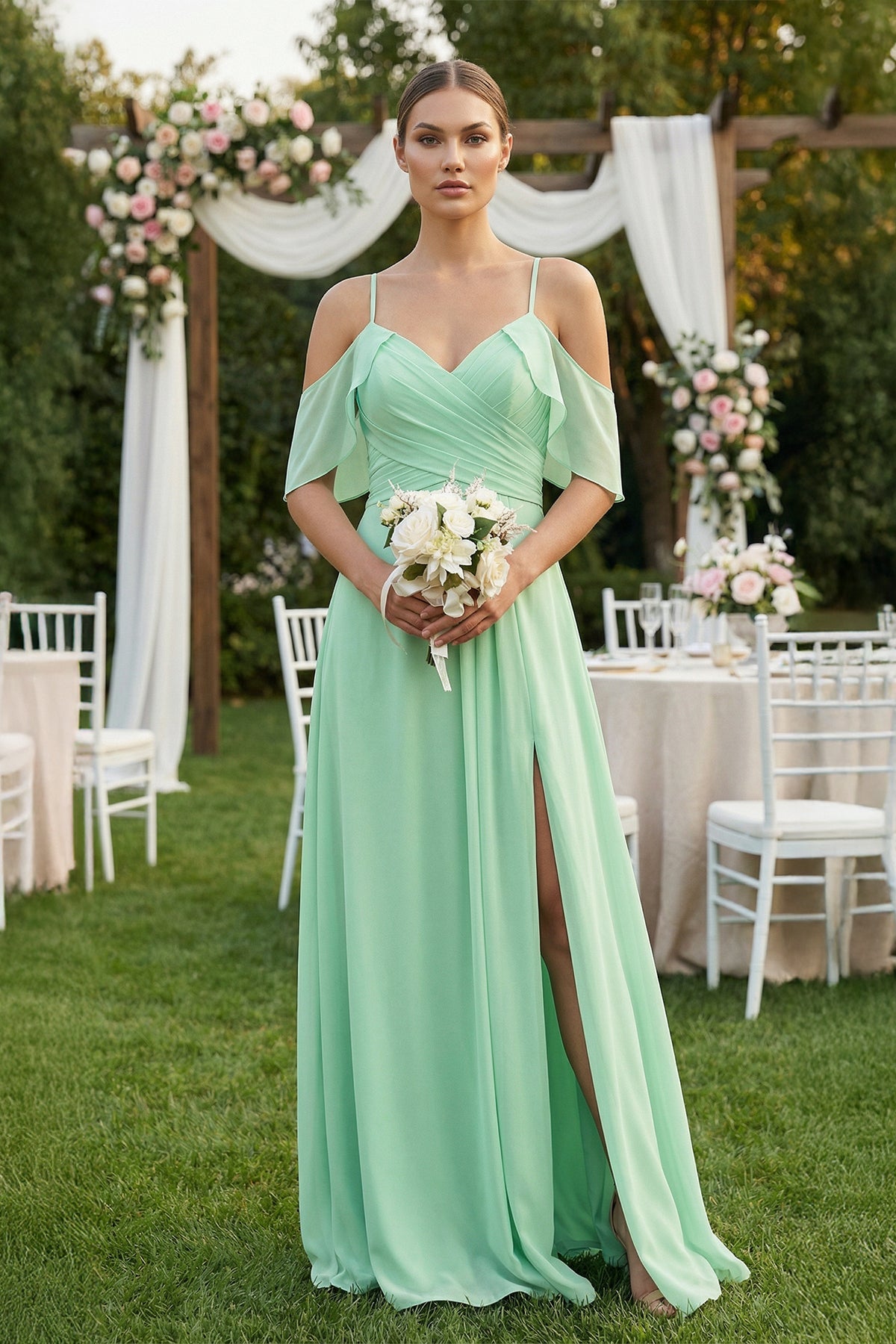 Robe demoiselle d’honneur pale pistachio longue avec fente à volants en mousseline - Harana