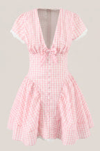 Robe rose courte en coton coupe trapèze à carreaux vichy - Harana