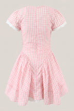 Robe rose courte en coton coupe trapèze à carreaux vichy - Harana