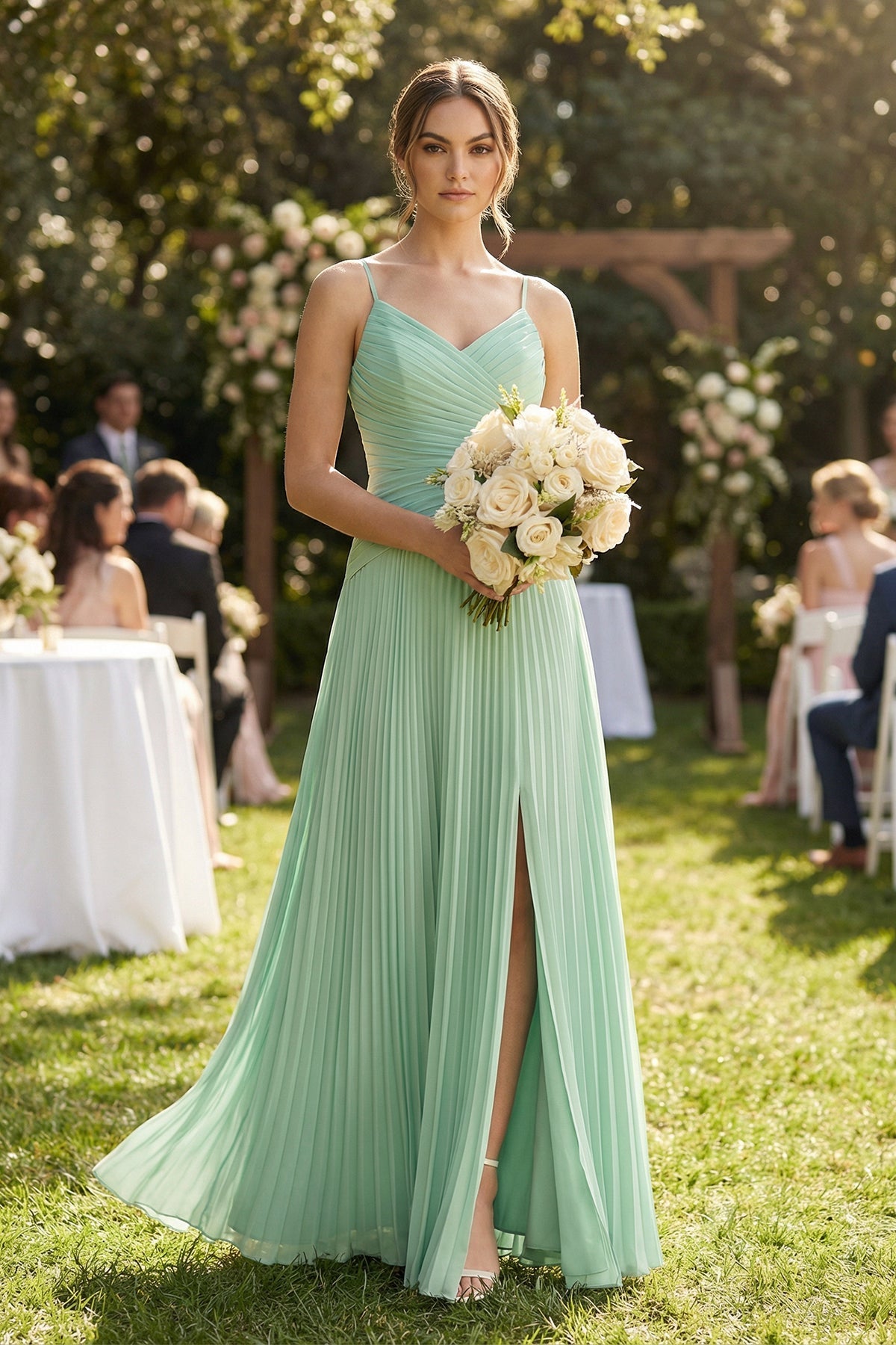 Robe demoiselle d’honneur pale pistachio longue à fines bretelles sans manches avec fente - Harana