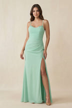 Robe demoiselle d’honneur pale pistachio longue col V sans manches avec fente - Harana