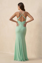 Robe demoiselle d’honneur pale pistachio longue col V sans manches avec fente - Harana