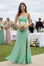 Robe demoiselle d’honneur pale pistachio longue col V sans manches avec fente - Harana