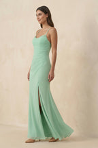 Robe demoiselle d’honneur pale pistachio longue col V sans manches avec fente - Harana