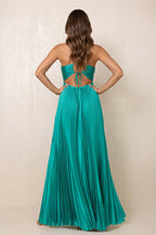 Robe turquoise longue satinée coupe trapèze à col V plissée - Harana