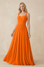 Robe longue orange en mousseline coupe trapèze plissée - Harana