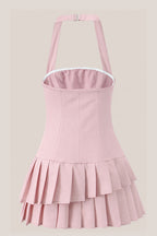 Robe rose courte en coton coupe trapèze à col licou plissée - Harana