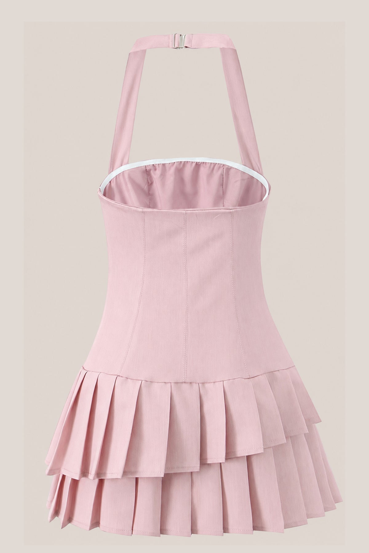 Robe rose courte en coton coupe trapèze à col licou plissée - Harana