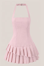 Robe rose courte en coton coupe trapèze à col licou plissée - Harana
