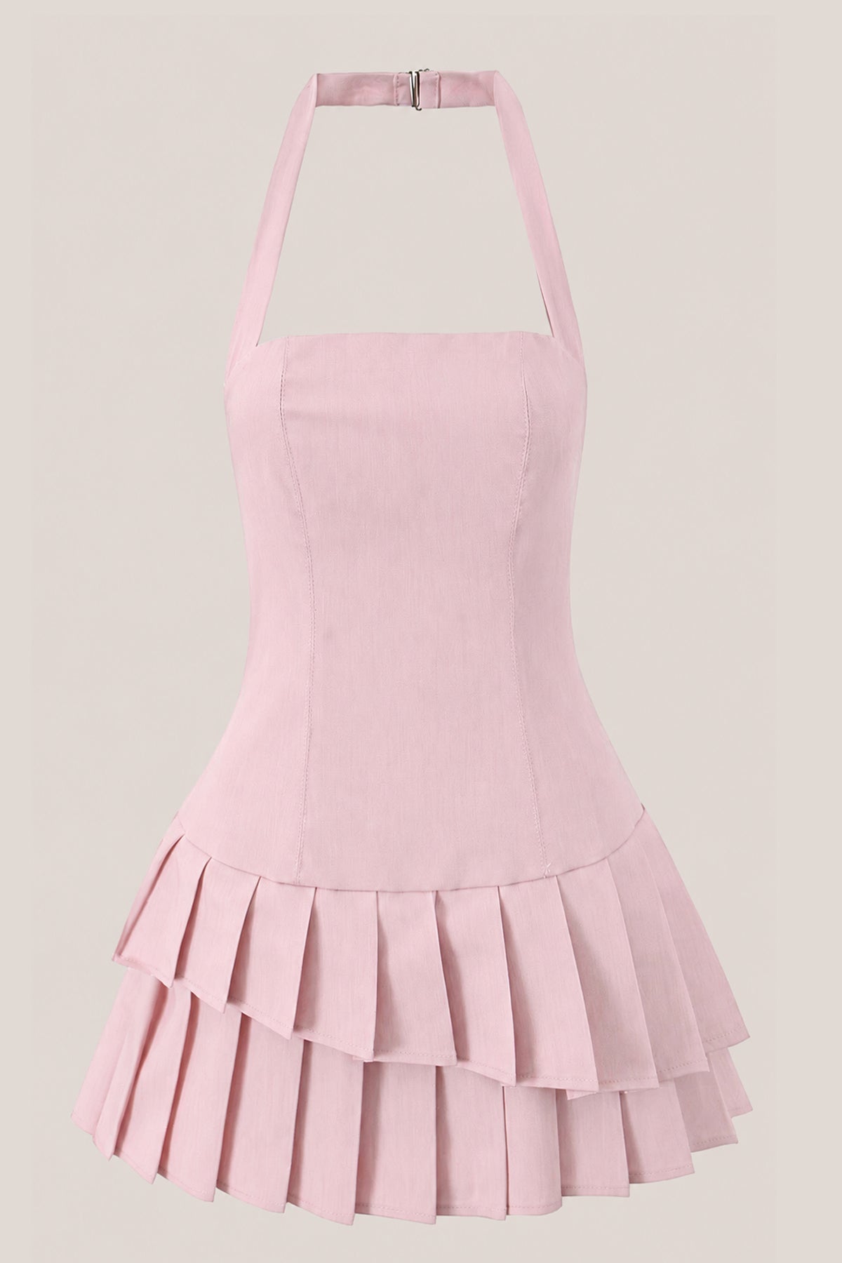 Robe rose courte en coton coupe trapèze à col licou plissée - Harana