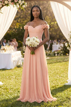 Robe demoiselle d’honneur english rose longue à épaules dénudées manches courtes plissée - Harana