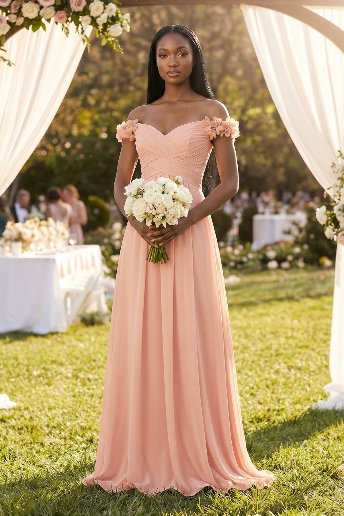 Robe demoiselle d’honneur english rose longue à épaules dénudées manches courtes plissée - Harana