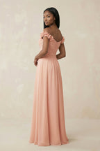 Robe demoiselle d’honneur english rose longue à épaules dénudées manches courtes plissée - Harana