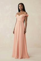 Robe demoiselle d’honneur english rose longue à épaules dénudées manches courtes plissée - Harana