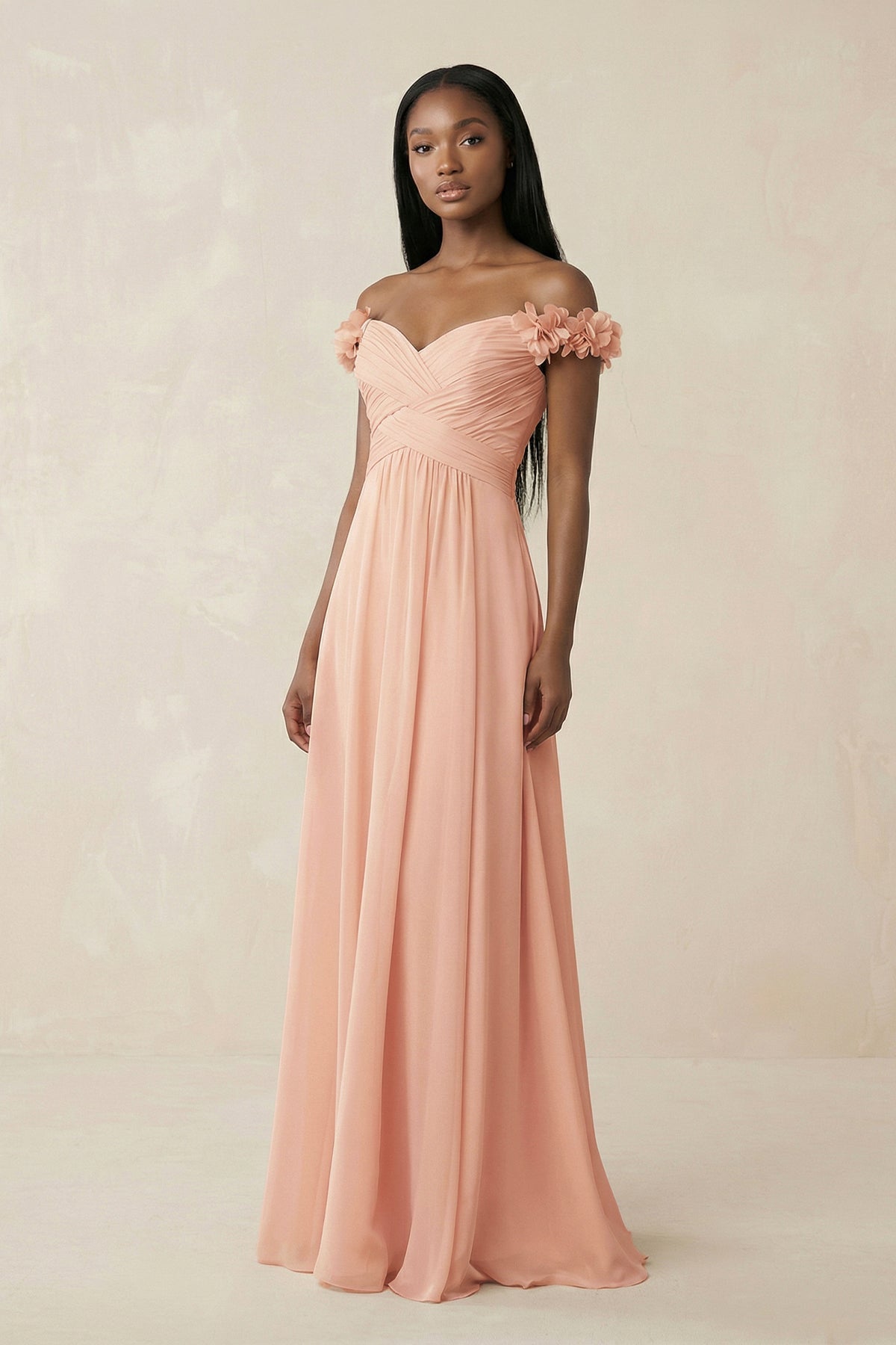 Robe demoiselle d’honneur english rose longue à épaules dénudées manches courtes plissée - Harana