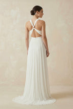 Robe de mariée ivoire fourreau mousseline dos nu sans manches - Harana