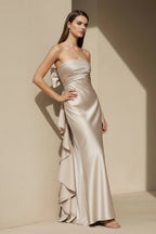 Robe longue champagne satinée plissée avec nœud - Harana