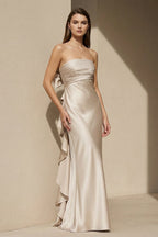 Robe longue champagne satinée plissée avec nœud - Harana