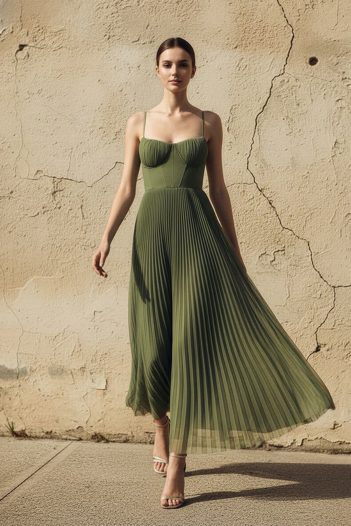 Robe longue olive à fines bretelles à corset plissée - Harana