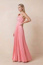 Robe rose ancien longue coupe trapèze à encolure carrée plissée avec nœud - Harana