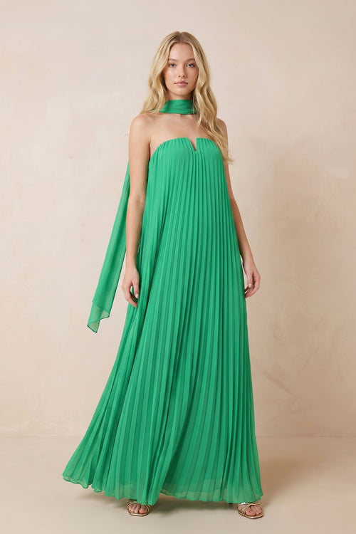 Ensemble deux pièces vert à jupe longue coupe trapèze bustier plissé avec étole assortie - Harana