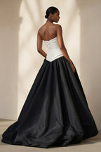 Robe longue black & ivory bustier avec fente plissée - Harana