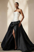 Robe longue black & ivory bustier avec fente plissée - Harana