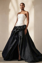 Robe longue black & ivory bustier avec fente plissée - Harana