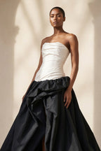 Robe longue black & ivory bustier avec fente plissée - Harana
