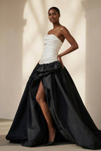 Robe longue black & ivory bustier avec fente plissée - Harana