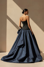 Robe longue black & navy bustier avec fente plissée - Harana