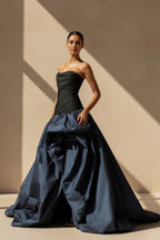 Robe longue black & navy bustier avec fente plissée - Harana