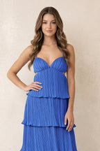 Robe bleue longue à décolleté cœur plissée avec ouverture goutte d’eau - Harana