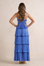 Robe bleue longue à décolleté cœur plissée avec ouverture goutte d’eau - Harana