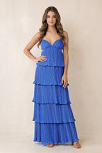 Robe bleue longue à décolleté cœur plissée avec ouverture goutte d’eau - Harana